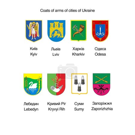 Escudos de armas de las ciudades de Ucrania sobre un fondo blanco