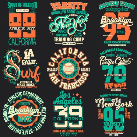 Illustration for T-shirt vector emblem. Athletics typography stamp, California Golden State print. New York graphics, vintage sport wear, tee apparel design - Royalty Free Image