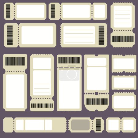Illustration for Blank Ticket template set. Concert ticket, lottery coupons. Empty movie, theater and boarding tickets with ruffle edges. Vector - Royalty Free Image