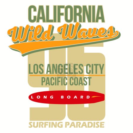 Ilustración de Diseño gráfico de la camiseta de surf. sello de impresión de surf. Los surfistas de California llevan emblema tipográfico. Diseño creativo. Vector - Imagen libre de derechos