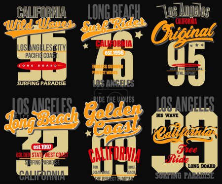 Ilustración de Surf camiseta diseño gráfico conjunto. sello de impresión de surf. Los surfistas de California llevan emblema tipográfico. Diseño creativo. Vector - Imagen libre de derechos