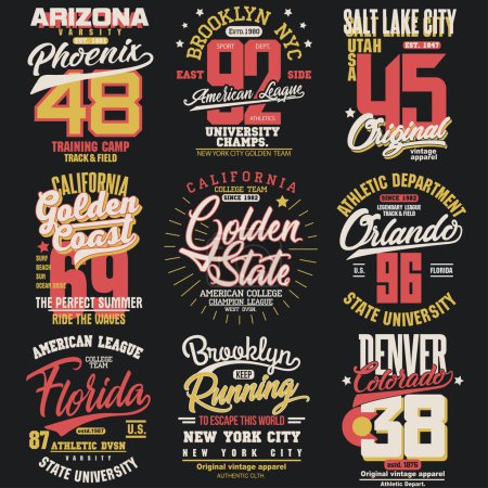 Illustration for T-shirt vector emblem. Athletics typography stamp, California Golden State print. New York graphics, vintage sport wear, tee apparel design - Royalty Free Image