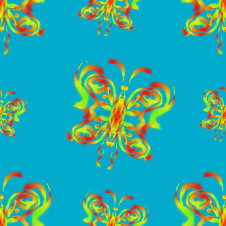 Téléchargez les photos : Illustration de motif sans couture psychédélique d'un papillon de couleur néon fond bleu turquoise - en image libre de droit