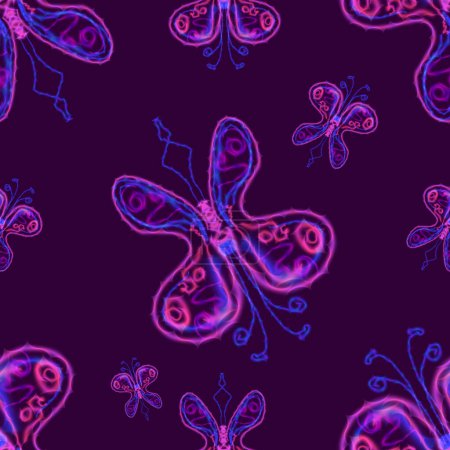 Téléchargez les photos : Motif sans couture avec des papillons colorés sur un fond violet. illustration vectorielle pour la conception, papier d'emballage, papier peint, tissu et papier scrapbooking. - en image libre de droit