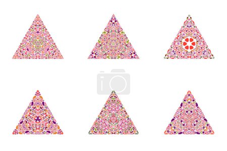 Illustration for Ornate geometrical floral mosaic ornament triangle shape collection - triangular vector designs elementss with curved shapes - Royalty Free Image