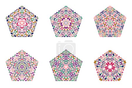 Illustration for Ornate abstract stone ornament pentagon polygon set - geometrical pentagonal vector element - Royalty Free Image