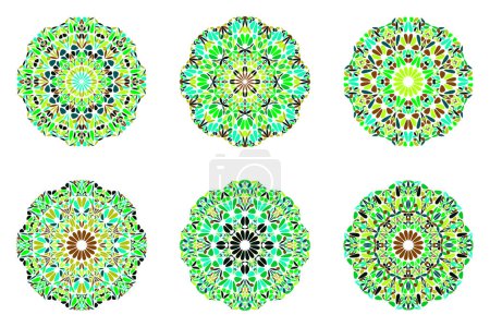 Ilustración de Conjunto de símbolos de mandala de flores coloridas redondas adornadas - gráficos vectoriales abstractos circulares de formas curvas - Imagen libre de derechos