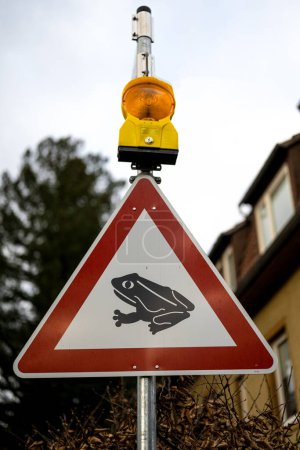 Téléchargez les photos : Alerte de signalisation routière pour le croisement de crapauds et grenouilles en Allemagne - en image libre de droit