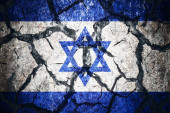 Earthquake in Israel. Israel flag on the cracked earth. Cracked Israel flag. Natural disaster concept tote bag #639276924