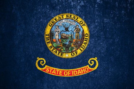Téléchargez les photos : Gros plan sur le drapeau de l'État de l'Idaho. Dirty Idaho drapeau de l'État sur une surface métallique. - en image libre de droit