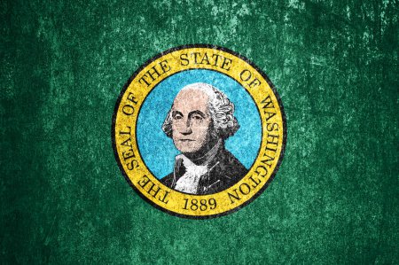 Téléchargez les photos : Gros plan du drapeau grunge de l'État de Washington. Drapeau sale de l'État de Washington sur une surface métallique. - en image libre de droit
