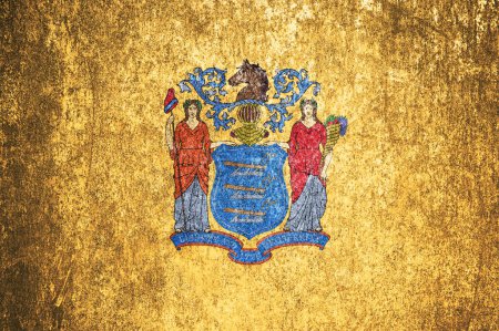 Téléchargez les photos : Gros plan du drapeau grunge de l'État du New Jersey. Drapeau sale de l'état du New Jersey sur une surface métallique. - en image libre de droit