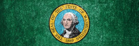 Téléchargez les photos : Bannière du drapeau du Washington State Grunge. Drapeau sale de l'État de Washington sur une surface métallique. - en image libre de droit