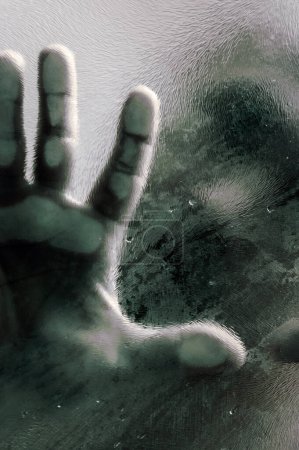 Photo for Mans figure with hands pressed against frosted glass. Shadow of a man behind the matte glass blurry hand and body soft focus. Freedom concept - Royalty Free Image