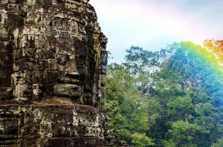 Des visages sculptés en pierre d'anciens dieux sont avalés par la jungle au temple du bayon à angkor thom
