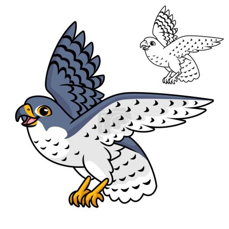 Illustration for Cute Happy Peregrine Falcon Flying with Line Art Drawing, Animal Birds, Vector Character Illustration, Cartoon Mascot Logo in Isolated White Background - Royalty Free Image