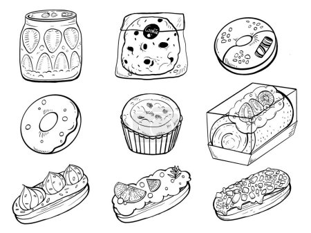Téléchargez les photos : Belle ligne dessinée à la main jeu d'art doodle de pâtisserie pâtisserie collation sucrée avec emballage sans vecteur de fond - en image libre de droit