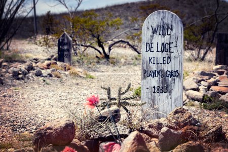 Photo for Boothill in Tombstone, Arizona became a nickname for the "Old City Cemetery" referencing the number of men who died with their boots on.  Old west Tombstone was no joke, Will De Loge was killed while playing cards. - Royalty Free Image