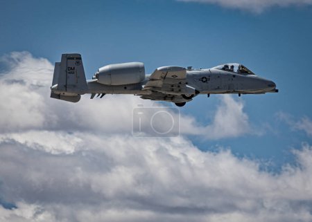 Photo for An A-10 Warthog, officially called the Thunderbolt II, in the air at the 2023 Thunder and Lightning Over Arizona airshow in Tucson, Arizona. - Royalty Free Image
