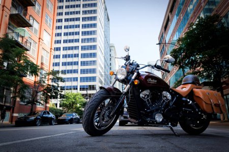 Photo for An Indian Scout motorcycle parked on the street in Chicago, Illinois. - Royalty Free Image