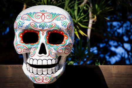 Téléchargez les photos : Un jour heureux du crâne mort est assis sur une clôture dans la vieille ville de San Diego, Californie - en image libre de droit