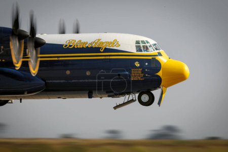 Photo for Fat Albert, the US Navy Blue Angels support aircraft, transports parts and personnel to and from shows, takes off at America's Airshow 2023 at Miramar, California. - Royalty Free Image