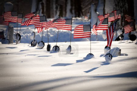 Photo for American flags in a cemetery with fresh snowfall at a northern Wisconsin cemetery. - Royalty Free Image