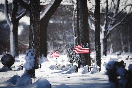 Photo for American flags in a cemetery with fresh snowfall at a northern Wisconsin cemetery. - Royalty Free Image