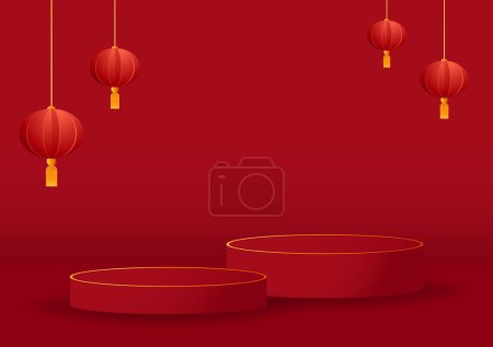 Frohes chinesisches neues Jahr 2023. Chinesisches Neujahrsbanner mit Kreis als Showprodukt. Grußkarte vorhanden. China-Rahmen mit Laterne auf rotem Hintergrund.