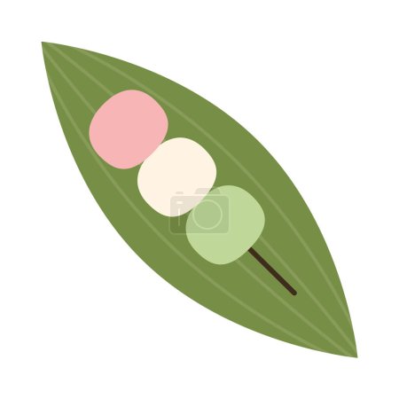 Téléchargez les illustrations : Dango sur feuille verte. Icône Dango vecteur plat emoji isolé sur fond blanc. Dessert japonais. - en licence libre de droit