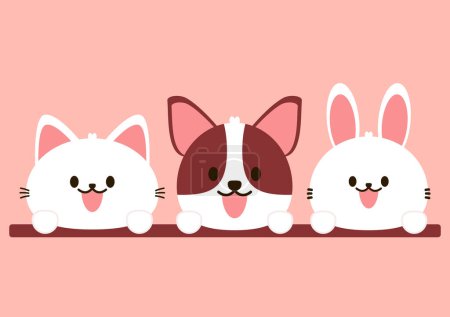 Téléchargez les illustrations : Valentine's day card with Kawaii Animal. Cat, Dog and Rabbit cartoon vector collection. Animal wildlife character. Valentine's day illustration. - en licence libre de droit