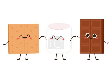 Sándwiches dulces de chocolate y malvavisco. Esquema de dulces niños smore preparación de postres, ilustración vectorial de dibujos animados aislados sobre fondo blanco.