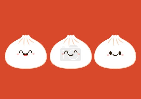 Téléchargez les illustrations : Mignon personnage Dim sum, boulettes traditionnelles chinoises, avec des visages souriants drôles. vecteur alimentaire asiatique Kawaii. - en licence libre de droit