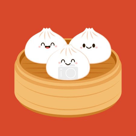 Lindo personaje de Dim sum, albóndigas chinas tradicionales, con caras sonrientes divertidas. Kawaii vector de comida asiática.
