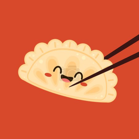 Gyoza-Vektor. Heiße Knödel und Stäbchen auf rotem Hintergrund. Gedämpfter Dim Sum oder Brötchen-Illustration für Restaurant-Logo. Asiatische Lebensmittel-Ikone für Japaner.