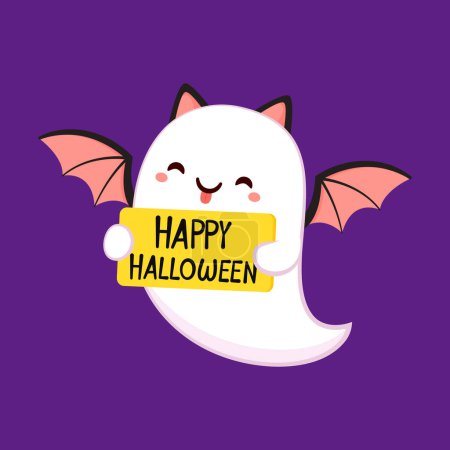 Illustration for Cute ghost emotional expression. Halloween phantom ghost with different character. Ghost isolated on purple background. Bat. - Royalty Free Image