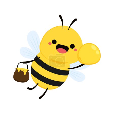 Téléchargez les illustrations : Jolie abeille amicale. Dessin animé joyeux vol. Caractère d'insecte. Vecteur isolé sur fond blanc. - en licence libre de droit