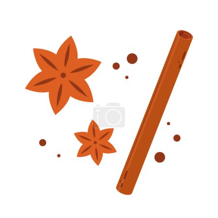 Illustration for Cinnamon stick and brown anise flower. Set of spices. Doodle sketch cartoon illustration. - Royalty Free Image