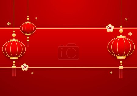 Frohes chinesisches neues Jahr 2025. Chinesisches Neujahrsbanner mit Kreis als Showprodukt. Grußkarte vorhanden. China-Rahmen mit Laterne auf rotem Hintergrund.