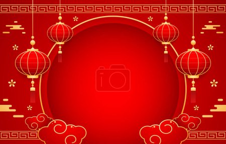 Frohes chinesisches neues Jahr 2025. Chinesisches Neujahrsbanner mit Kreis als Showprodukt. Grußkarte vorhanden. China-Rahmen mit Laterne auf rotem Hintergrund.