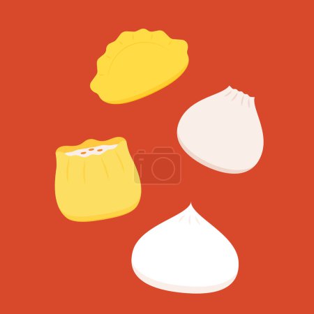 Dim sum food sets. Steamed dumplings banner template isolated on red. Asian traditional cuisine. Vector illustration in cartoon flat style. Chinese food.