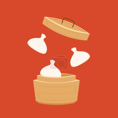 Dim sum food sets. Steamed dumplings banner template isolated on red. Asian traditional cuisine. Vector illustration in cartoon flat style. Chinese food.