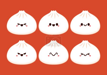 Mignon personnage Dim sum, boulettes traditionnelles chinoises, avec des visages souriants drôles. vecteur alimentaire asiatique Kawaii.