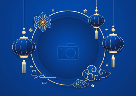 Frohes chinesisches neues Jahr 2025. Chinesisches Neujahrsbanner mit Kreis als Showprodukt. Grußkarte vorhanden. China-Rahmen mit Laterne auf blauem Hintergrund.