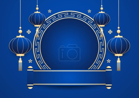 Frohes chinesisches neues Jahr 2025. Chinesisches Neujahrsbanner mit Kreis als Showprodukt. Grußkarte vorhanden. China-Rahmen mit Laterne auf blauem Hintergrund.