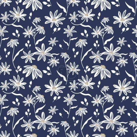 Seamless pattern of cute white flower branches with leaves on blue background.