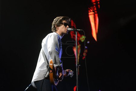 Photo for Rio de Janeiro,Brazil,November 4, 2022.Musician and vocalist Alex Turner of the indie rock band Artic Monkeys, during a concert at the Jeunesse Arena in the city of Rio de Janeiro. - Royalty Free Image