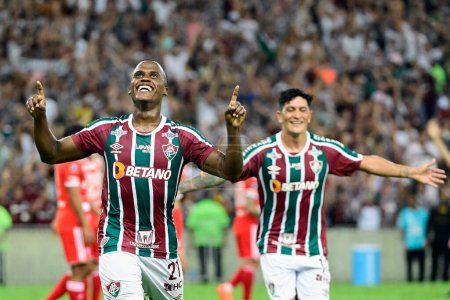 Photo for Fluminense player Jhon Arias celebrates a goal during the group stage soccer match of the Copa Libertadores between Brazilian Fluminense and River Plate of Argentina at the Maracana stadium in Rio de Janeiro, Brazil, 02 May 2023 - Royalty Free Image