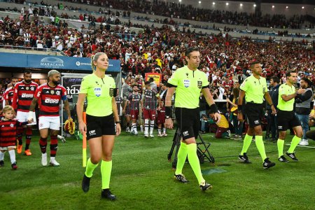 Photo for Rio de Janeiro, Brazil, June 1, 2023. Refereeing team during the Flamengo vs Fluminense match for the Copa do Brasil at the Maracan stadium. - Royalty Free Image