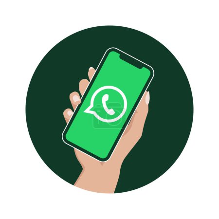 Illustration for Hand holding a smartphone with Whatsapp logo in the screen. Communication app. Rounded design, label style. Vector illustration, graphic resource for web or print. Rosario, Argentina - May 20, 2023 - Royalty Free Image